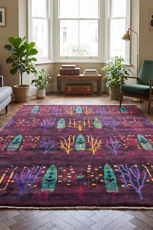 Hand-Knotted Recycled Sari Silk Rug - Deep Plum Tree of Life Area Rug