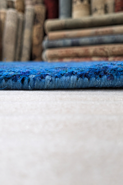 Hand Knotted Recycled Sari Silk and Cotton Area Rug with Tree Design in Blue Green and Gold Colors Handmade in India