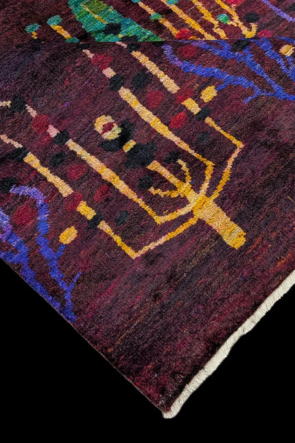 Hand-Knotted Sari Silk Rug - Transform Your Space with Deep Plum Tree of Life Design
