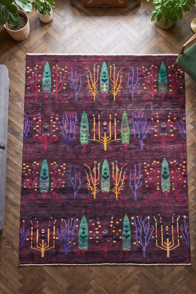 Hand-Knotted Recycled Sari Silk Rug - Deep Plum Tree of Life Area Rug