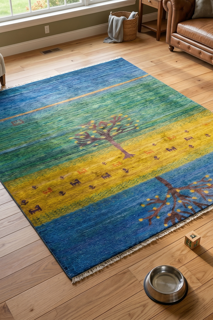 Hand Knotted Recycled Sari Silk and Cotton Area Rug with Tree Design in Blue Green and Gold Colors Handmade in India