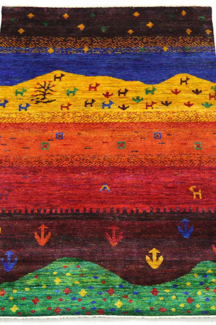 Hand Knotted Recycled Sari Silk Rug – Multicolor Tribal Landscape Area Rug