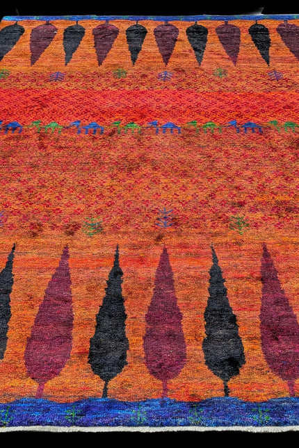 Hand-Knotted Sari Silk Rug - Colorful Tribal Geometric Carpet for Eco-Friendly Home Decor