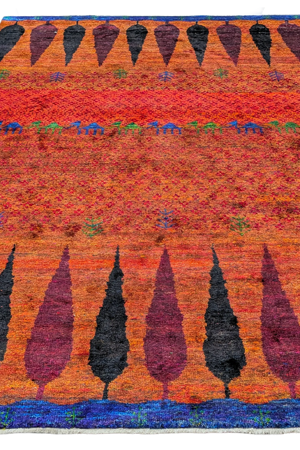 Hand-Knotted Sustainable Sari Silk Rug | Colorful Tribal Geometric Carpet