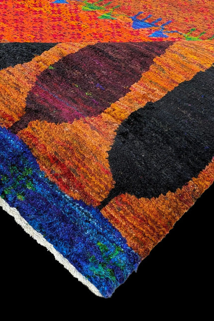 Hand-Knotted Sari Silk Rug - Colorful Tribal Geometric Carpet for Eco-Friendly Home Decor