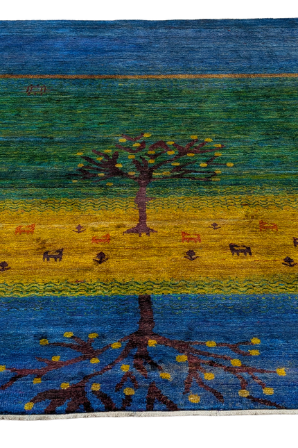 Hand Knotted Recycled Sari Silk and Cotton Area Rug with Tree Design in Blue Green and Gold Colors Handmade in India
