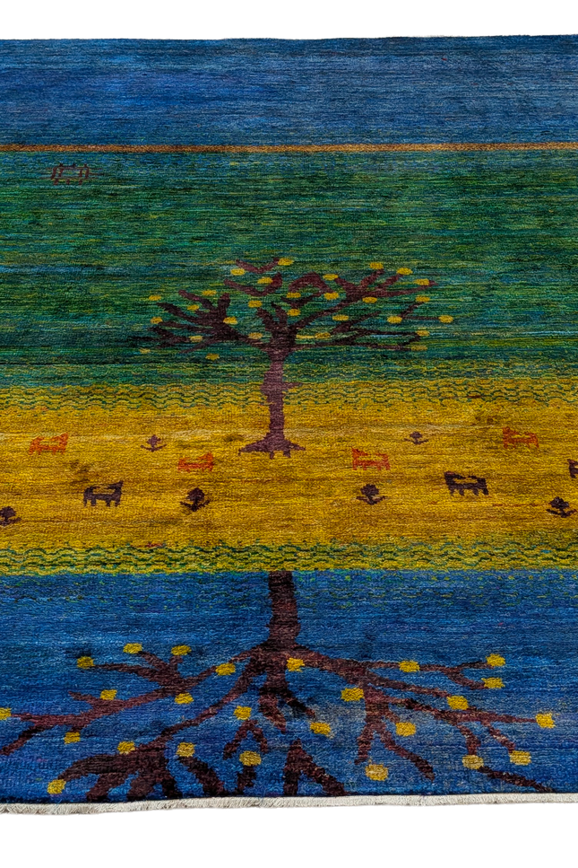 Hand Knotted Recycled Sari Silk and Cotton Area Rug with Tree Design in Blue Green and Gold Colors Handmade in India