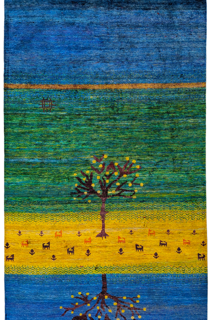Hand Knotted Recycled Sari Silk and Cotton Area Rug with Tree Design in Blue Green and Gold Colors Handmade in India