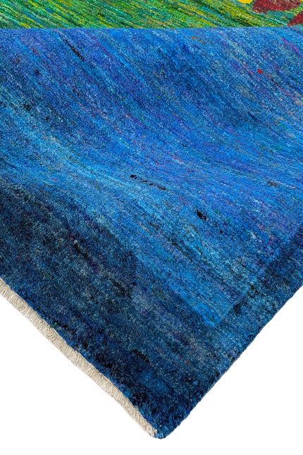 Hand Knotted Recycled Sari Silk and Cotton Area Rug with Tree Design in Blue Green and Gold Colors Handmade in India