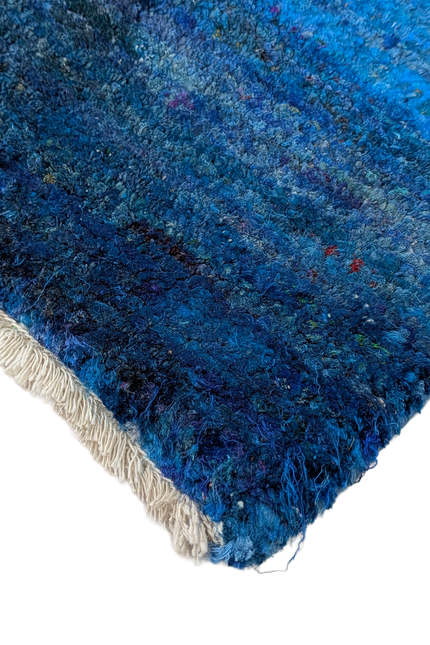 Hand Knotted Recycled Sari Silk and Cotton Area Rug with Tree Design in Blue Green and Gold Colors Handmade in India