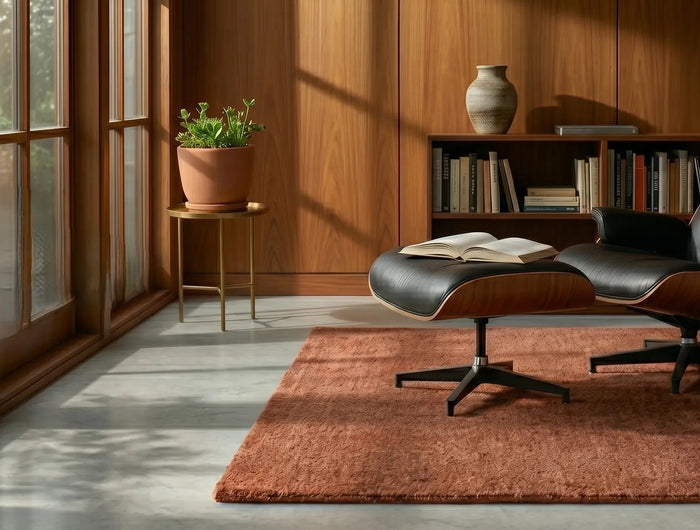 Hand tufted wool area rug in a modern American living room by Silver Sydney